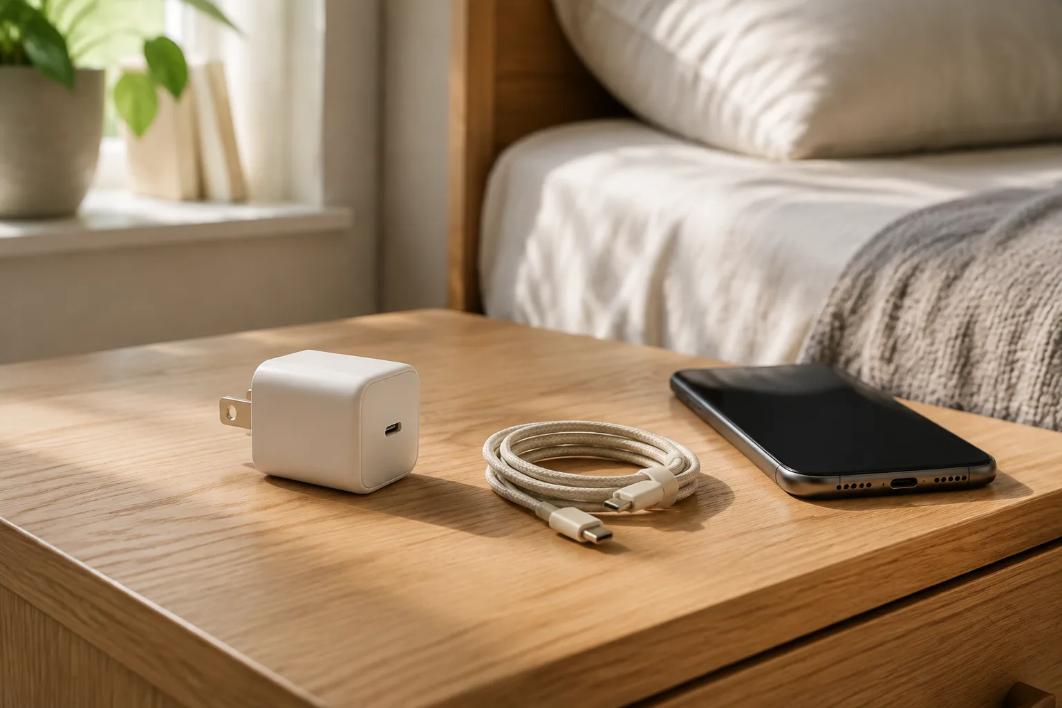 A wall charger, coiled cable and phone on a bedside table
