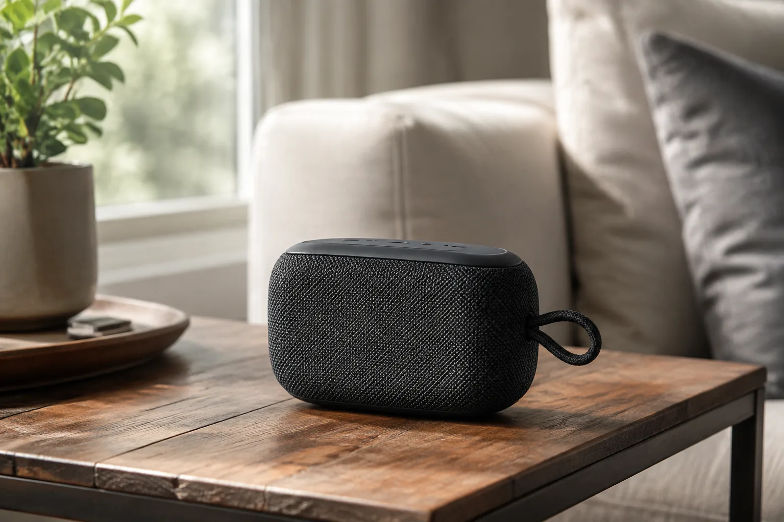 A fabric-covered portable speaker on a wooden side table