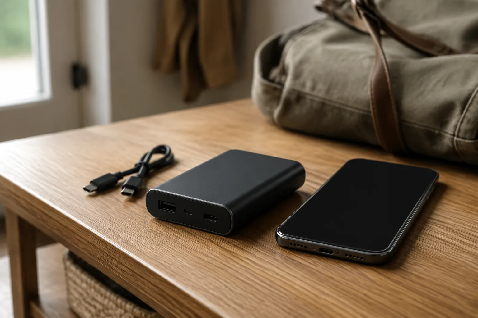 A power bank, smartphone and short cable beside a travel bag