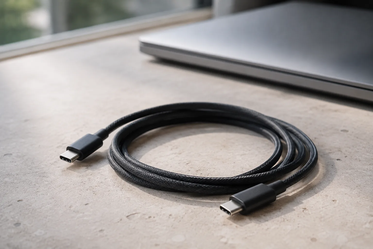 A coiled USB-C cable beside a laptop
