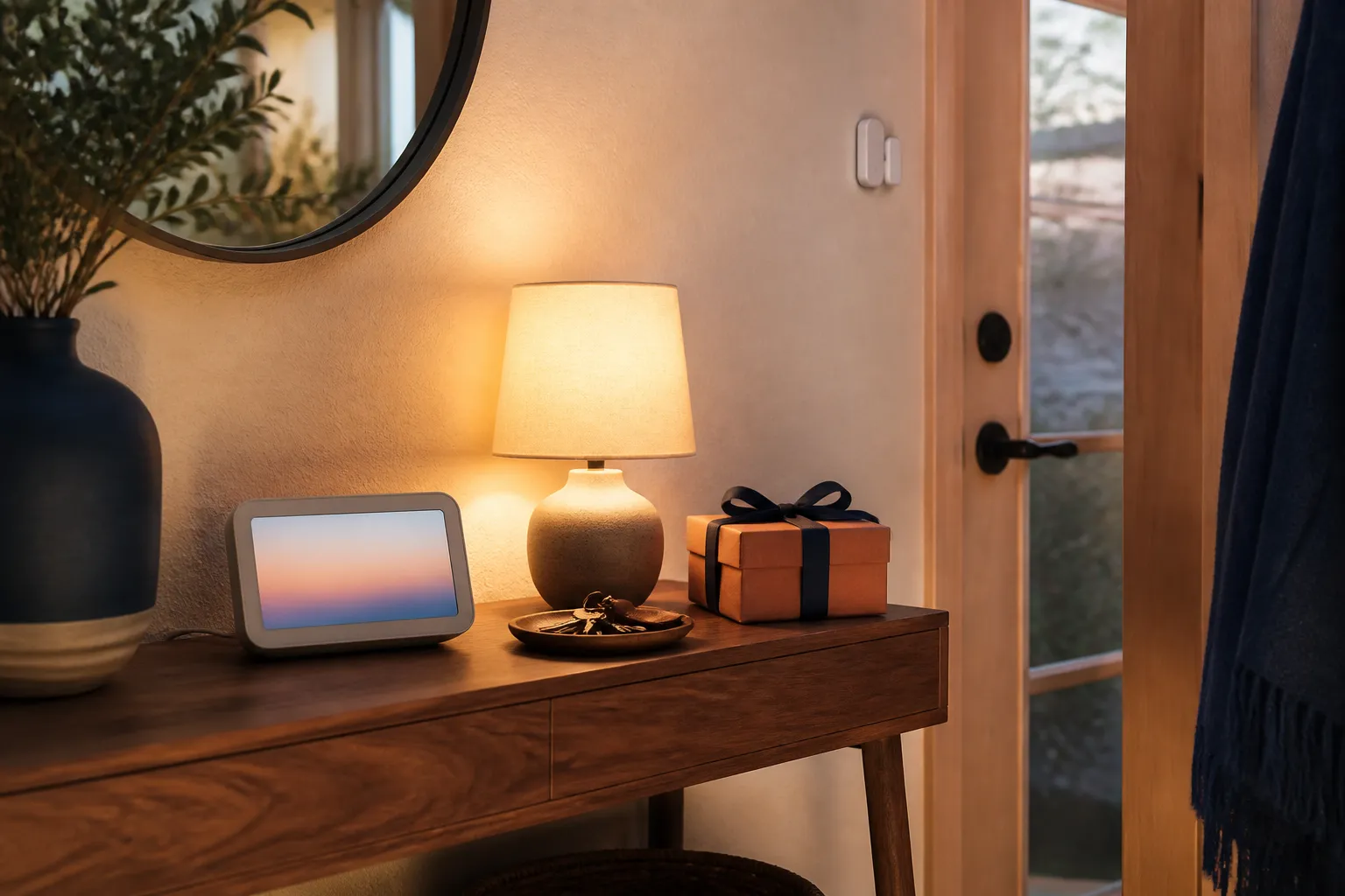A lit table lamp, small display and wrapped gift on a console