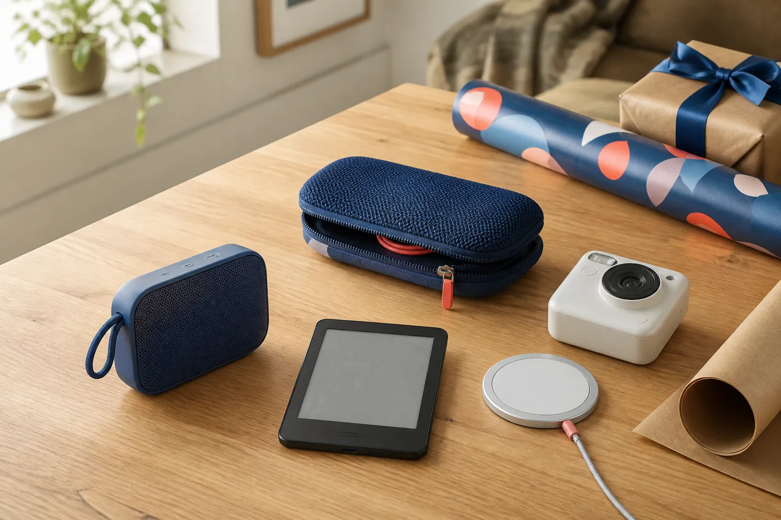A portable speaker, cases, small display and charging pad beside gift wrapping