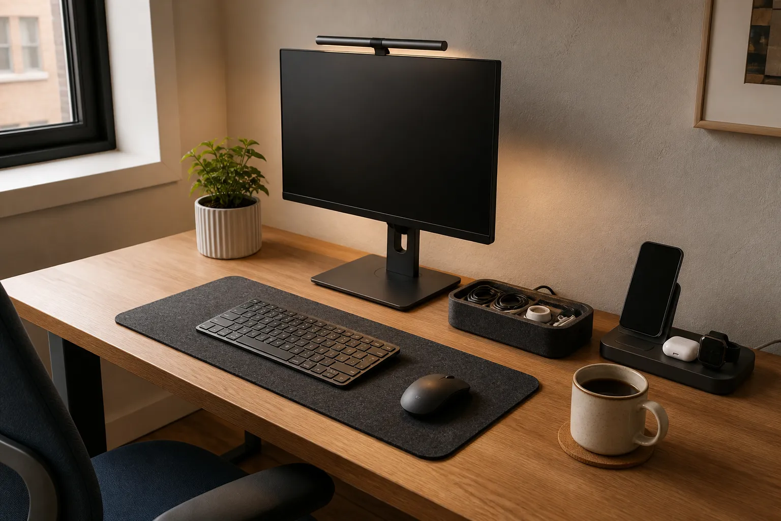 A desktop monitor, keyboard, mouse and accessories on a wooden desk